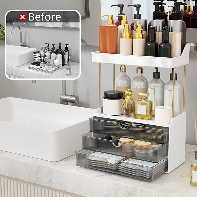 3 Drawers Bathroom Counter Organizer, 5 Tier Makeup Organizer, Versatile Perfume Organizer, Ideal for Bathroom Storage, Vanity, Large Skincare, Perfume, Present, Grey
