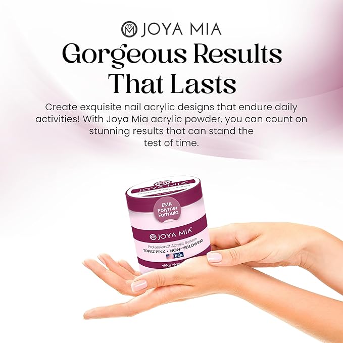Joya Mia Acrylic Powder for Nails, MMA-Free, Super Adhesion Professional Powder for Flawless & Long-Lasting Nail Enhancements, Easy Application, Vibrant & Stunning Colors - Topaz Pink, 16 oz
