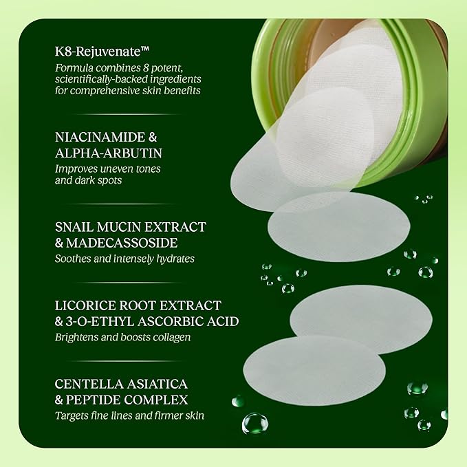 Korean Skincare Anti-Aging, Dark Spot & Wrinkle Minimizing Toner Pads - Hydrating with Snail Mucin, Centella Asiatica, Niacinamide, Peptides - for Acne Marks & Hyperpigmentation - 100 Count
