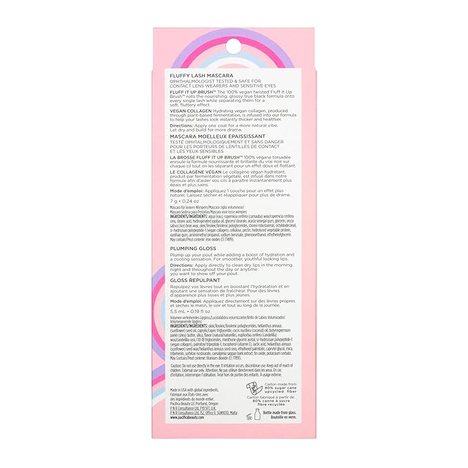 Pacifica Beauty Vegan Collagen Lash & Lip Kit - Fluffy Lash Mascara & Lip Gloss, Black, Long Lasting Volumizing, Set of 2