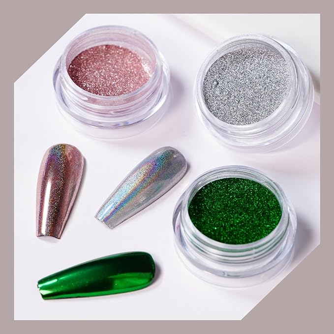 6 Colors Set 0.5g/Jar Holographic Chrome Nail Powder Metallic Mirror Effect Pigment Dust for Gel Nail Art Manicure Decoration (TA 6 Pcs Set-01)