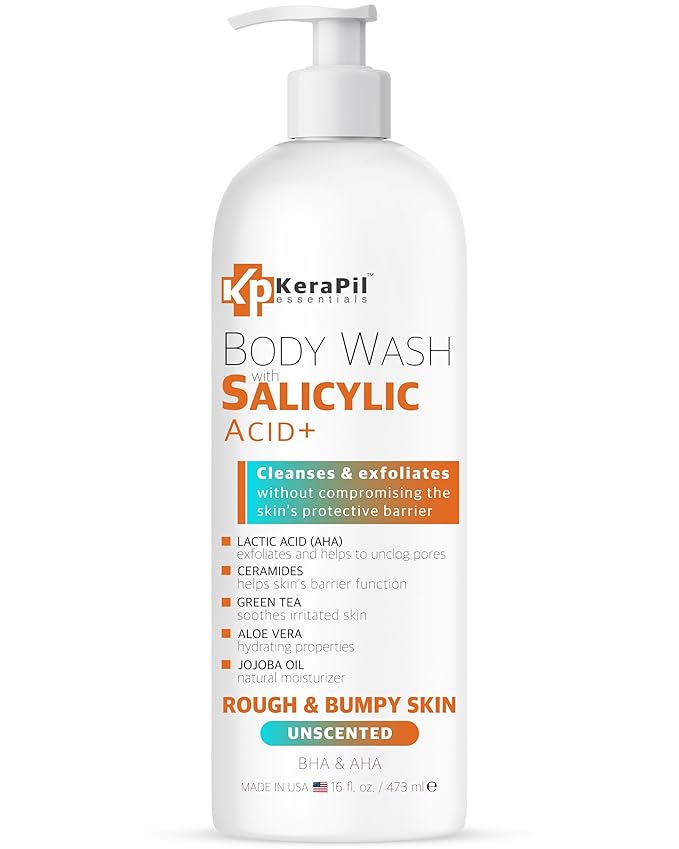 Exfoliating Body Wash With Salicylic Acid - Gentle Exfoliates Rough and Bumpy Skin, KP and Acne, with BHA & AHA - Unscented Body Wash, Made in USA - (16 fl oz)