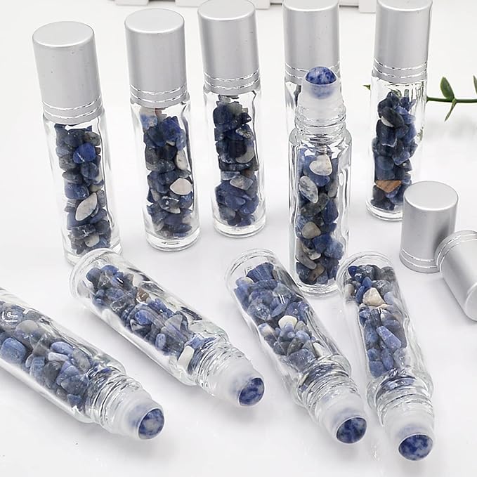 Essential Oil Roller Bottle 10ml w EVA Carrying Travel Case(Clear Glass Bottle with silver Cap、10pack、Gemstone Roller Balls、Crystal Chips Inside、Opener Gemstone Roller Ball Bottles