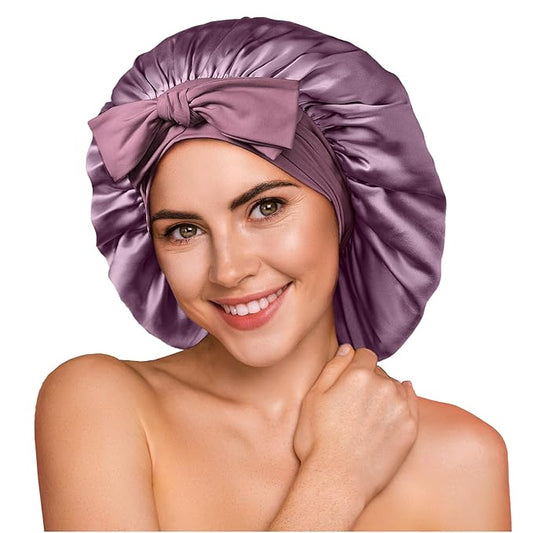 YFONG 100% 22 Momme Mulberry Silk Bonnet for Sleeping Women, Larger Double Layer Silk Hair Wrap for Curly Short Long Hair, Non-Slip Sleep Cap Turban with Elastic Tie Band for Hair Care, Purple