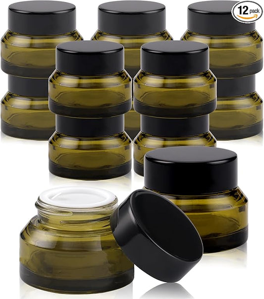 12 pack Glass Cosmetic Jars with Lids Small Lotion Containers for Traveling Green Empty Skincare Container for Face Cream Toiletries Makeup (1oz)