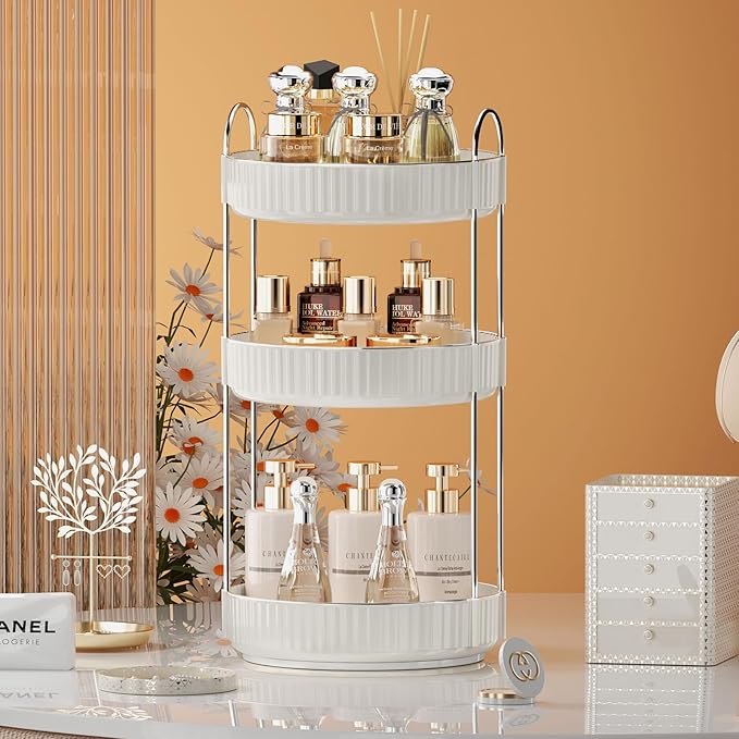 Rotating Makeup Organizer for Vanity,3 Tier High-Capacity Skincare Clear Make Up Storage Perfume Organizers Cosmetic Dresser Organizer Countertop 360 Spinning