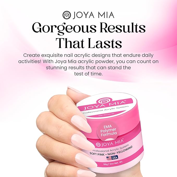 Joya Mia Acrylic Powder for Nails, MMA-Free, Super Adhesion Professional Powder for Flawless & Long-Lasting Nail Enhancements, Easy Application, Vibrant & Stunning Colors - Soft Pink, 2 oz
