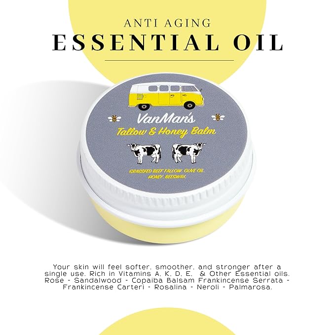 Vanman’s - Tiny Tallow and Honey Balm - Unscented Face Moisturizer with Grass-Fed/Finished Beef Tallow, Honey, and Vitamins A, K, D, E - 0.25 oz