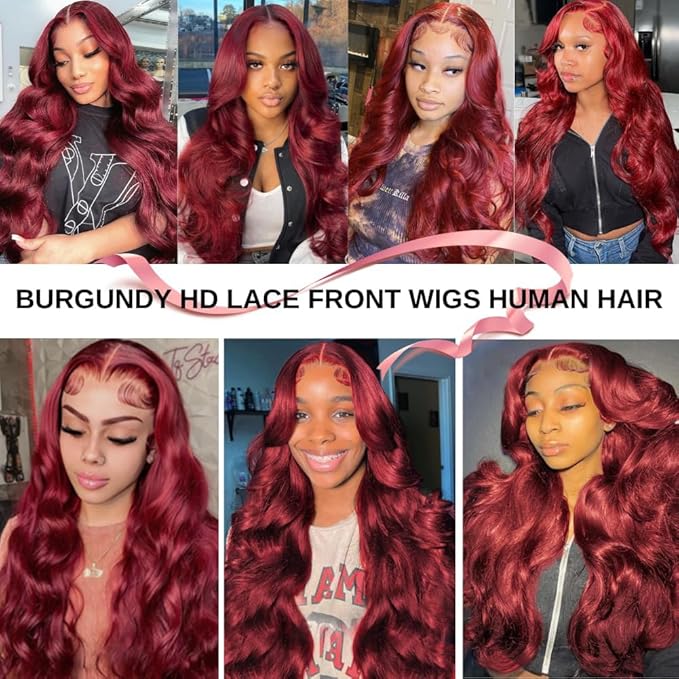 99j Burgundy Lace Front Wigs Human Hair 13x4 Lace front wigs Body Wave Wigs 180 Density HD Transparent Glueless Wigs Human Hair Pre Plucked with Baby Hair 22 Inch