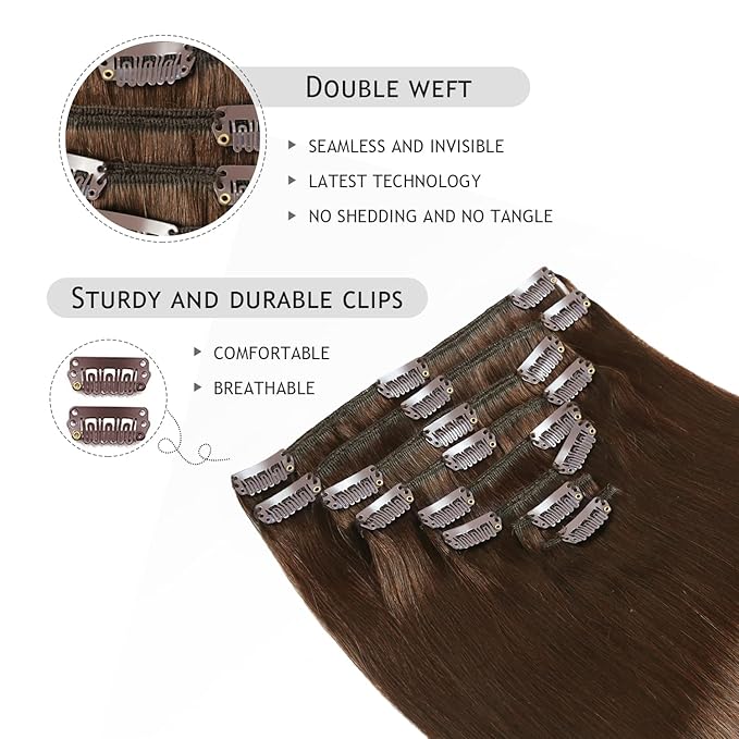 YILITE Hair Extensions Clip in Human Hair 100% Remy Real Hair 120g 8Pcs Medium Brown Straight Silky Hair Double Weft Clip ins Hair extensions for Women (22inches #4 Medium Brown)