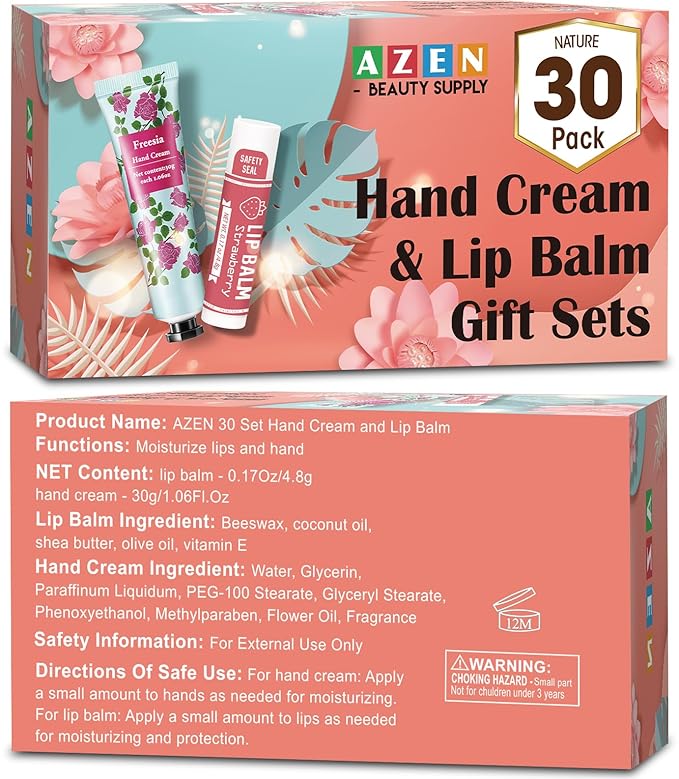 AZEN 30 Sets Hand Cream Bulk and Lip Balm Bulk Set, Bridal Shower Gifts for Guests with Organza Bag Thank You Card, Bridal Wedding Favors for Guests, Thank You Gifts for Coworkers Women Men