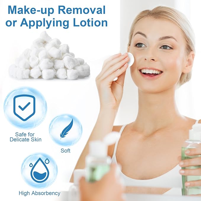 1000 Pcs Soft Cotton Ball Bulk Organic Medium Cotton Ball for Absorbent Multipurpose Pure Nail Polish Remover Makeup Removal First Aid Face Crafting Cleaning Skin Applying Lotion