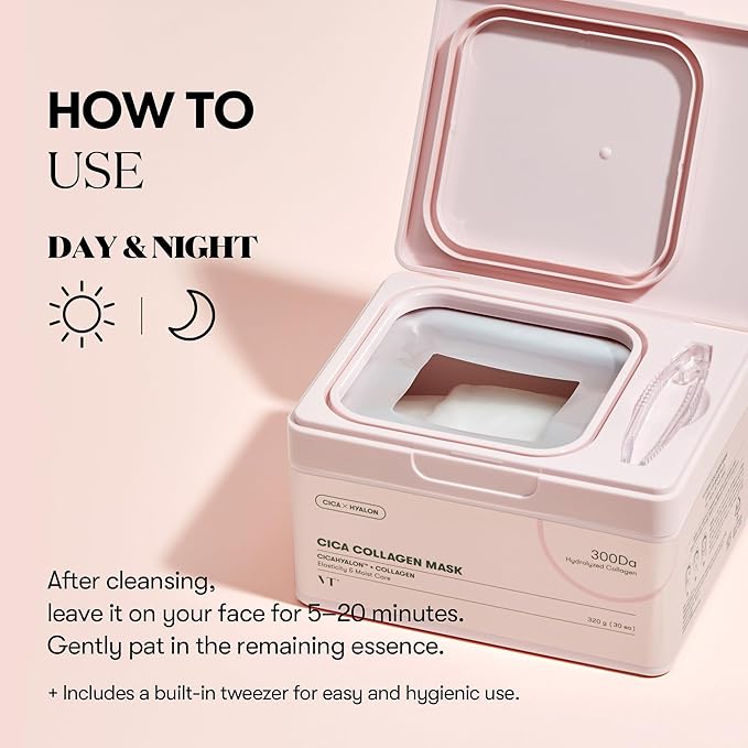 VT COSMETICS CICA Collagen Daily Mask 30 Sheets, 300Da Low Molecular Collagen for Skin Elasticity, Hydrating & Firming, Pink Collagen Essence, Korean Face Mask