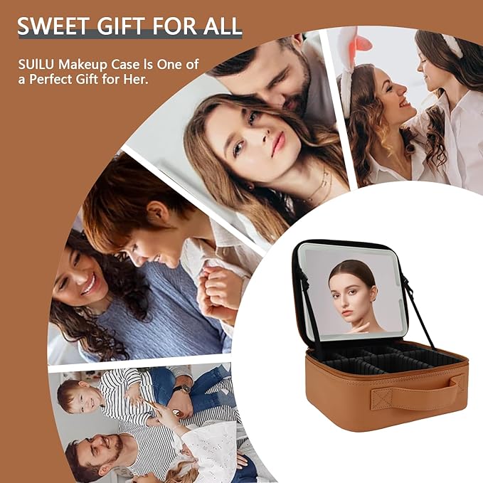 Travel Makeup Bag with LED Lighted Mirror,Cosmetics Organizer, Makeup Bag with 3 Color Lighted Setting, Portable Storage and Adjustable Dividers Travel Makeup Bag(CARAMEL COLOR)