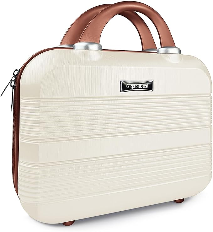 14" Portable Hard Shell Makeup Travel Case - Stylish PC+ABS Cosmetic Organizer for Women - Scratch-Resistant, Elastic Strap, Mini Suitcase - Perfect for Romantic Gifts(Light Brown)