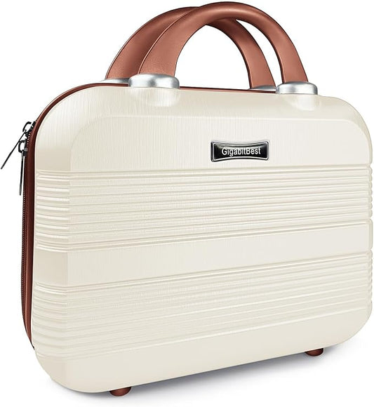 14" Portable Hard Shell Makeup Travel Case - Stylish PC+ABS Cosmetic Organizer for Women - Scratch-Resistant, Elastic Strap, Mini Suitcase - Perfect for Romantic Gifts(Light Brown)