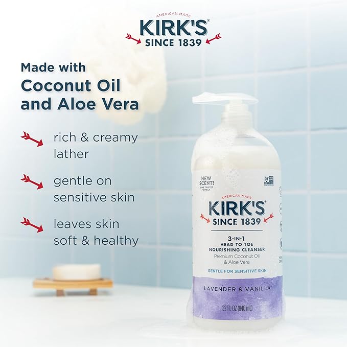 Kirk's 3-in-1 Head to Toe Nourishing Liquid Cleanser- for Men, Women & Children - Premium Coconut Oil & Aloe Vera- Non GMO & Vegan - Lavender and Vanilla - 32 Fl Oz. - 2 Pack