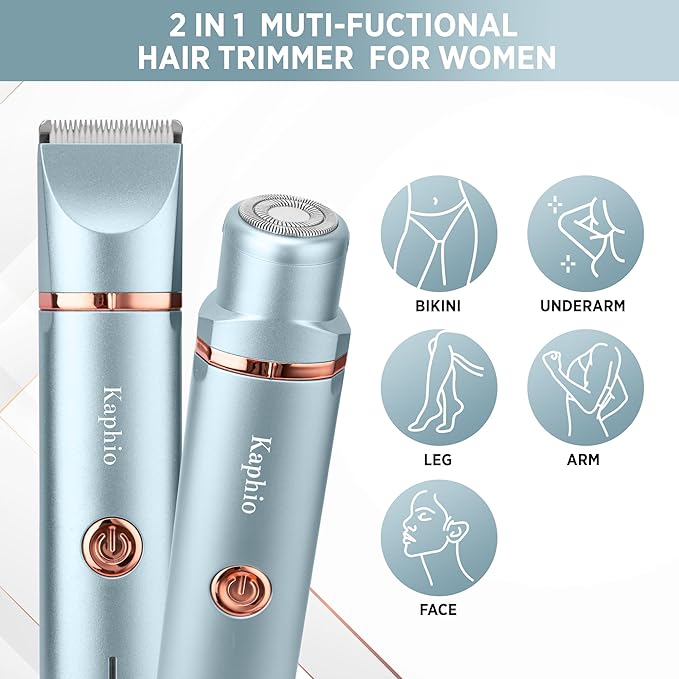 Electric Bikini Trimer Shaver Women: 2 in 1 IPX7 Waterproof Wet & Dry Use Body Hair Trimmer and Facial Hair Remover - Rechargeable Hair Removal Kit for Bikini Underarm Leg Arm Body Face