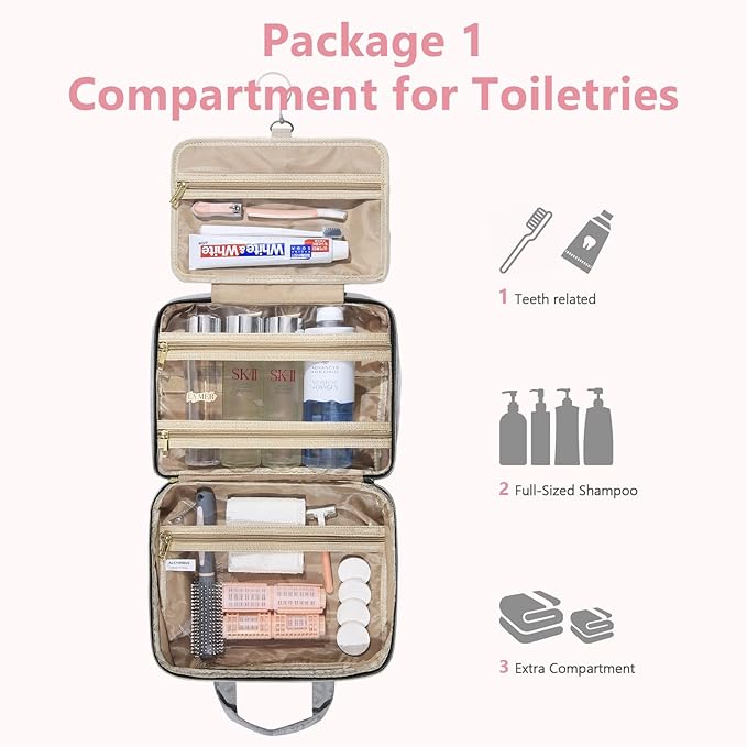 2 Psc Bag Of Free Disassembly Combination Large Travel Toiletry Bag With Makeup Bag,Dry & Wet Separation,Travel Organizer with Hanging Hook For Full-Sized Containers,Shampoo,Accessories,Toiletries