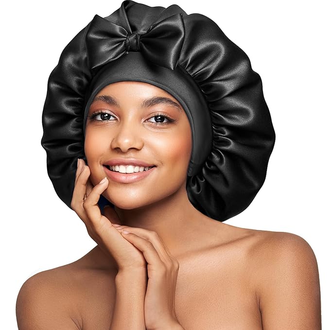 Umisleep Large Silk Bonnet for Sleeping Women, 100% Double Layer 22 Momme Mulberry Silk, Non Slip Hair Bonnet with Adjustable Band for Curly Long Hair, Black
