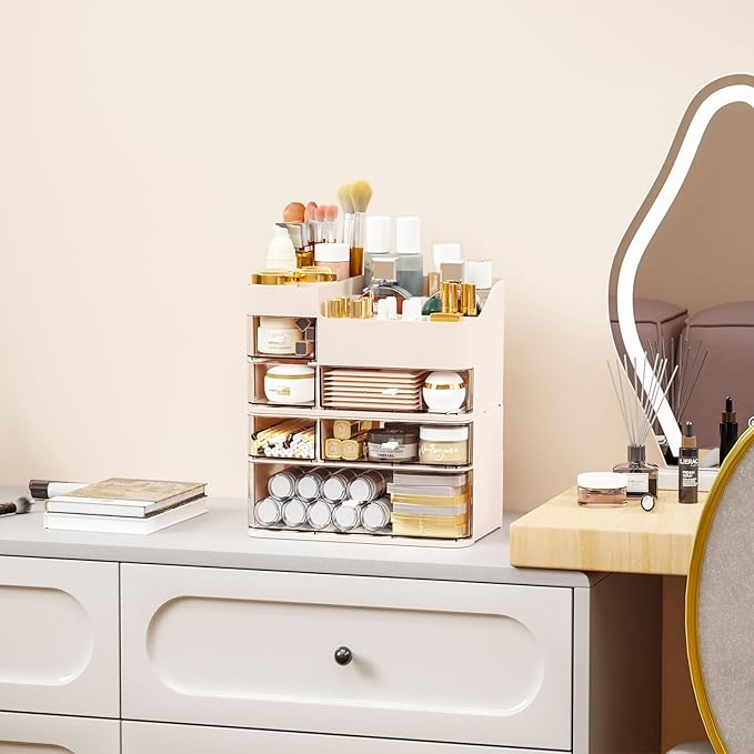 SuoXing Makeup Organizer for Vanity,Large 6 Drawers Make up Organizers for Counter,Plastic Cosmetic Storage Organizer for Dresser Countertop or Bathroom,Beauty Holder for Lipstick,Brush,Skincare,Pink