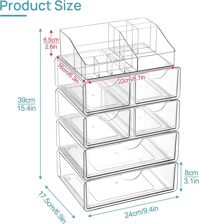 Vtopmart 5 Tier Clear Makeup Organizer with Drawer, Cosmetic Storage for Dresser Countertop and Bathroom Vanity, Beauty Holder for Lipstick Brush Skincare