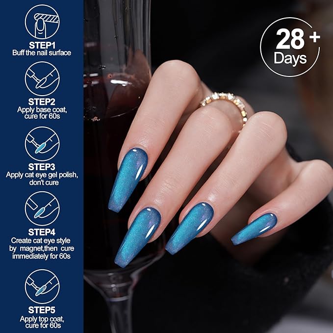 Adhere 6Pcs 12ML Cat Eye Soak Off UV LED Gel Nail Polish Set, Colorful Light Ultrafine Magnetic Powder Blue Purple White Green Silver Cat Eye with Magnet