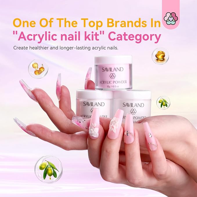 SAVILAND Acrylic Nail Kit with Drill: Professional Set for Beginners with Everything 30g Acrylic Powder & 50ml Monomer Liquid Nail Brush Files Forms Tools Extension Nail Kit Gift Home DIY Salon Nails
