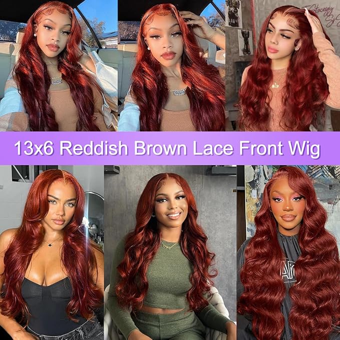 40 Inch Reddish Brown Lace Front Wigs Human Hair Body Wave 13x6 Hd Transparent Lace Front Wig Human Hair Pre Plucked with Baby Hair 180% Density 33# Auburn Brown Lace Frontal Wigs