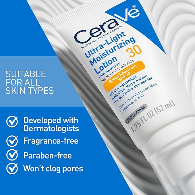 CeraVe Ultra-Light Moisturizing Lotion With SPF 30, Daily Face Moisturizer with SPF, Formulated with Hyaluronic Acid & Ceramides, Broad Spectrum SPF, Oil Free, Matte Finish, 1.7 Ounce