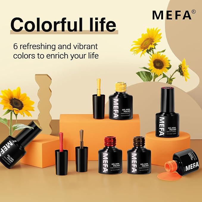MEFA 6 Colors Gel Nail Polish Set, Shades Orange Red Brown Glitter Yellow Soak Off Gel Polish Spring Summer Tones Nail Art Design Salon Home Manicure Kit Gifts