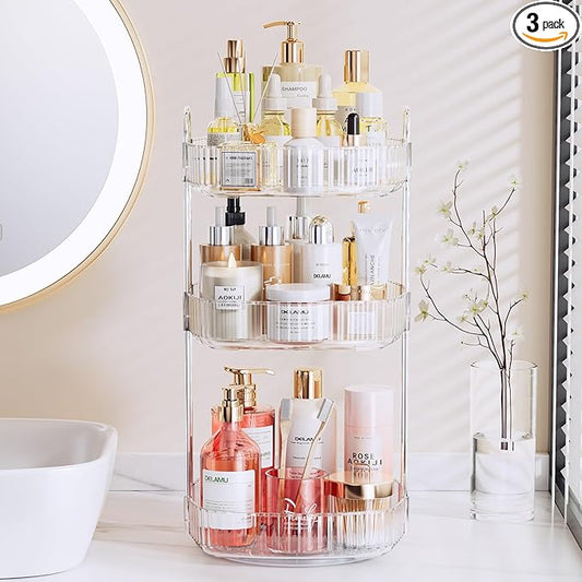 Delamu Rotating Bathroom Countertop Organizer, Large Capacity 3-Tier Multi-Function Storage for Cosmetics, Skincare, and Perfume, Makeup Organizer Countertop Ideal for Dresser, Bathroom,Vanity, Clear