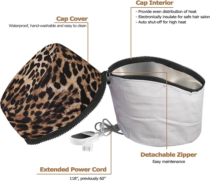 VICARKO Hair Steamer for Deep Conditioning, 10-Level Heats Up Quickly, 118” Power Cord, Heating Cap Hot Oil Treatment Heat, Electric Thermal Heated Steam for Natural Black Hair, Animal Print