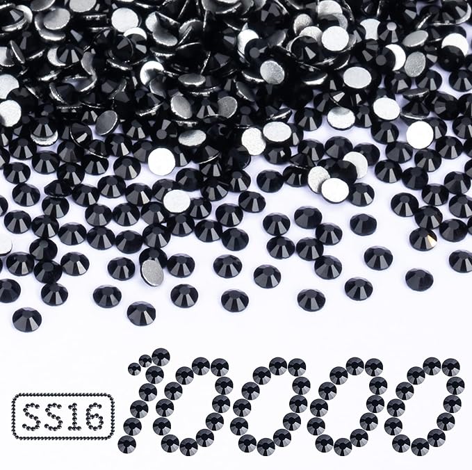 10000PCS Black Rhinestones Bulk, Flat Back Crystal Glass Stone Round Gems,SS16, 3.8-4.0mm