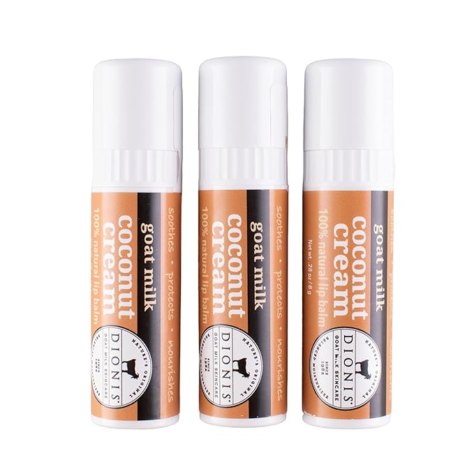 Dionis Goat Milk Skincare Coconut Cream Holiday Lip Balm Gift Set - Beeswax, Shea Butter & Coconut Oil Lip Care Products Made in The USA - Cruelty Free Lip Moisturizer for Chapped Lips, 0.28oz 3 Pack