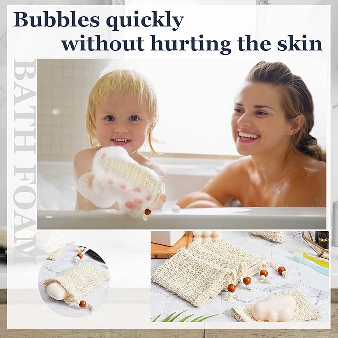 Cunhill 80 Pack Soap Saver Bag Exfoliating Sisal Soap Pouch with Drawstring Bar Wooden Bead Foaming and Drying Exfoliating Net for Bath and Shower