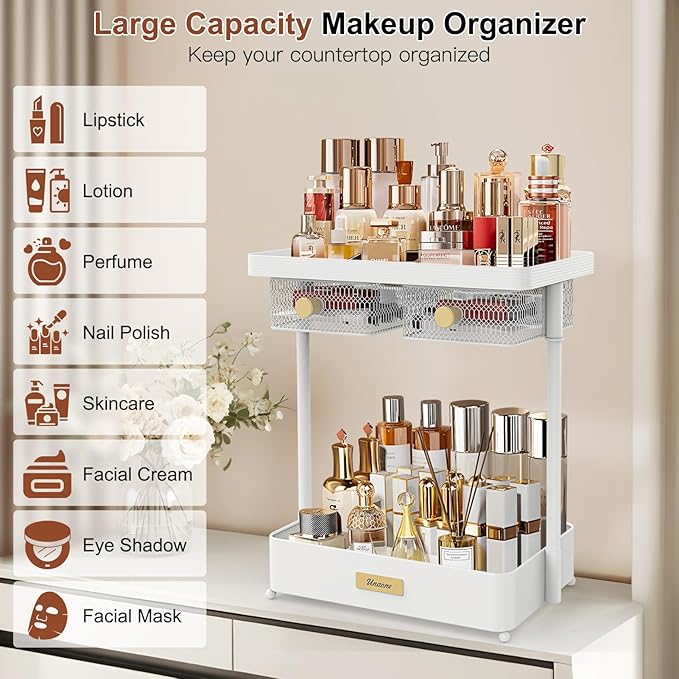 Unaone Makeup Organizer Countertop - 2 Tier Skincare Organizer with 2 Rotating Drawers, Versatile Cosmetic Display Cases Perfume Organizer for Vanity Bathroom Countertop, Ideal Gifts for Women (White)