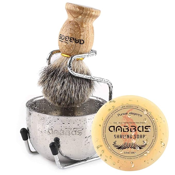 Anbbas Badger Hair Shaving Brush with Wood Handle,Goat Milk Shaving Soap 100g,Stainless Steel Shaving Stand and 2 Layers Shaving Bowl Perfect for Men Gift
