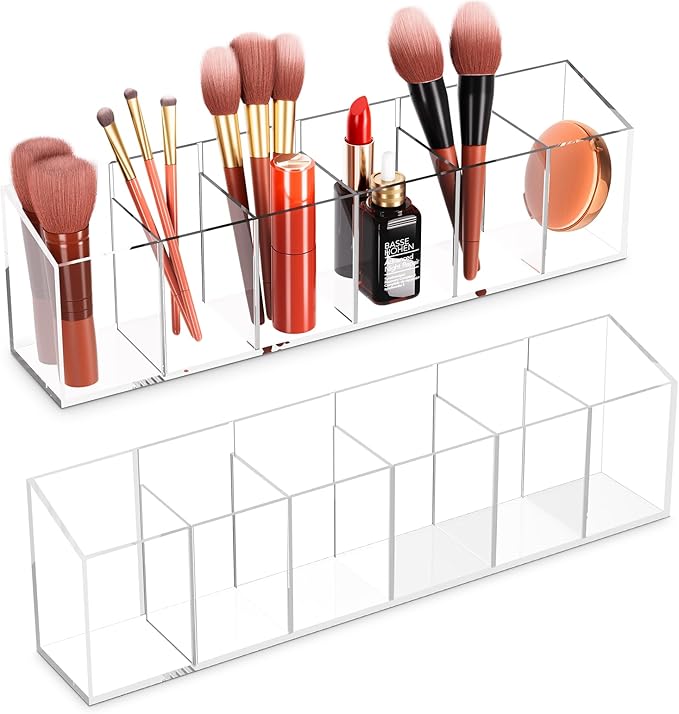 Acrylic 6-Compartment Makeup Organizer 2PCS, Transparent Plastic Makeup Brush Holder, Perfect Bathroom Vanity Storage Solution for Makeup Brushes, Eyebrow Pencils, and More