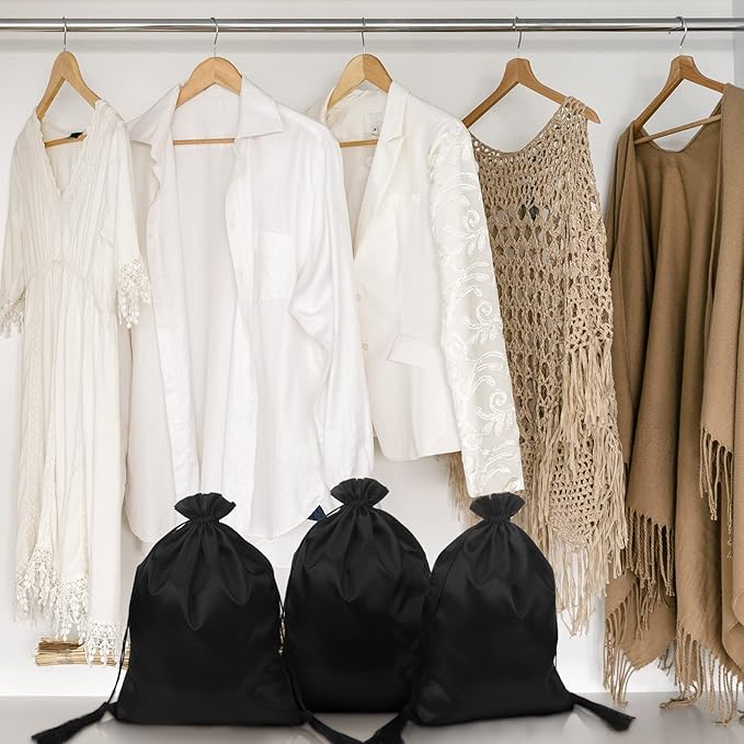 Silkfly 30 Pcs Satin Wig Bag Satin Silk Bags Large Hair Packaging Drawstring Pouch with Tassel for Women Wigs Hair Extensions Hair Tools Storage Travel Home Salon Makeup Gift, Black