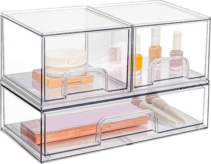 Vtopmart Stackable Storage Drawers Set of 3,Clear Plastic Organizer Bins for Makeup, Cosmetics, Beauty Supplies,Ideal for Vanity, Bathroom,Cabinet,Pantry Organization