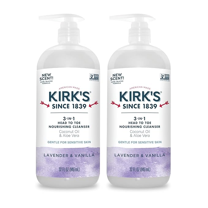 Kirk's 3-in-1 Head to Toe Nourishing Liquid Cleanser- for Men, Women & Children - Premium Coconut Oil & Aloe Vera- Non GMO & Vegan - Lavender and Vanilla - 32 Fl Oz. - 2 Pack