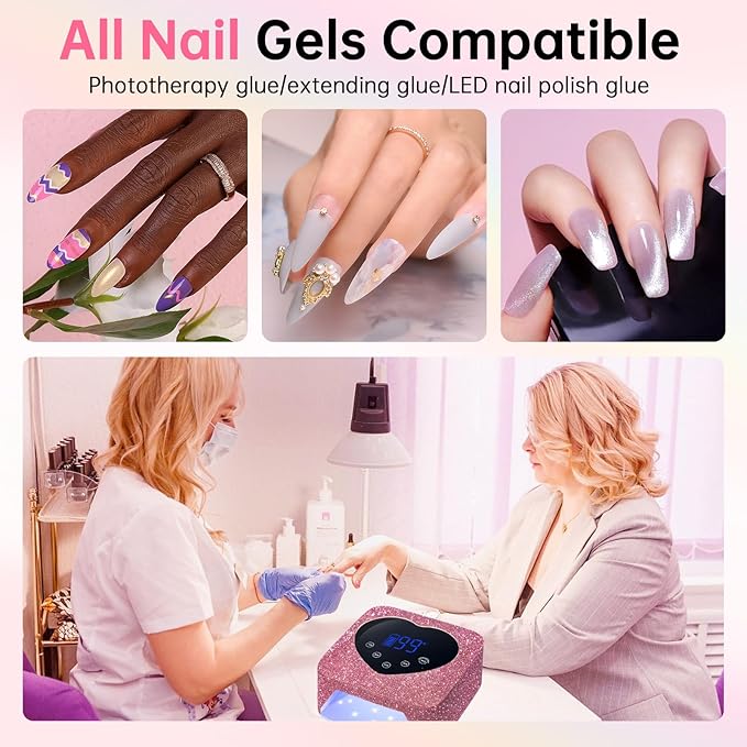 UV LED Nail Lamp 72W Rechargeable Sparkly Wireless Nail Dryer Gel Polish Light with 5 Timer Setting Professional Quick Dry Curing Lamp Pink with Display Auto Sensor for Salon & Home