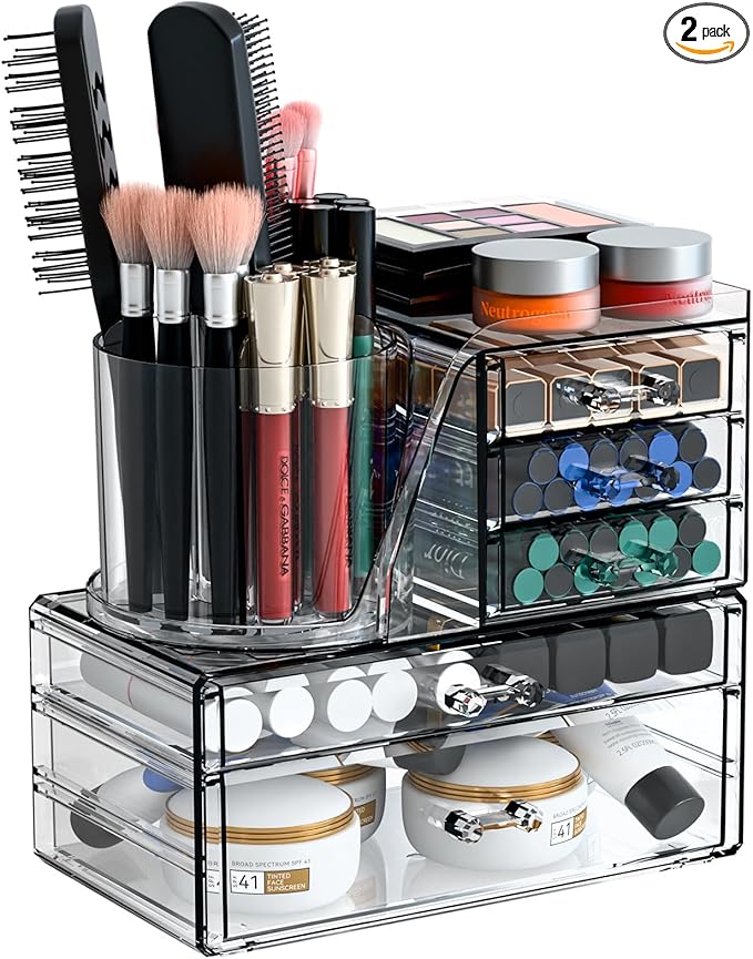 Clear Acrylic Makeup Organizers for Countertop & Vanity,2 Pack Cosmetic Storage Organizer with Brush Holder,Cute Makeup Holder and Make up Containers for Dresser Top,Dorm,Bathroom Skincare Organizer