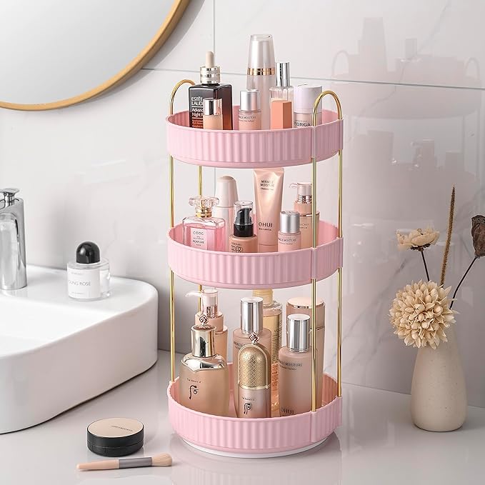 Aveniee 360 Rotating Makeup Organizer for Vanity, Skincare Make Up Organizers Large, Spinning Bathroom Counter Organizer Shelf Holder for Cosmetics, Skin Care, Lipsticks(3 Tiers, Pink)