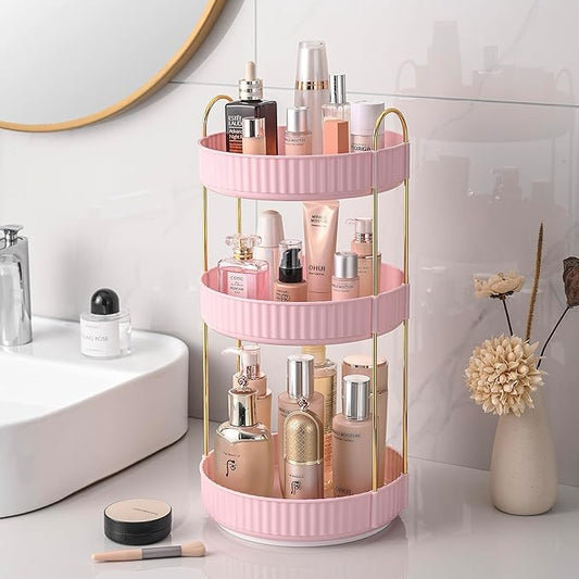 Aveniee 360 Rotating Makeup Organizer for Vanity, Skincare Make Up Organizers Large, Spinning Bathroom Counter Organizer Shelf Holder for Cosmetics, Skin Care, Lipsticks(3 Tiers, Pink)