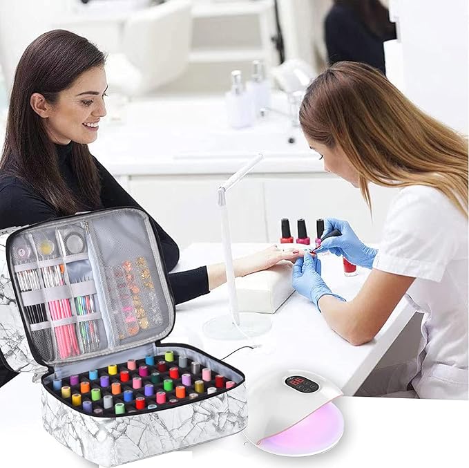Nail Polish Organizer Case Holds 42+ Bottles(15ml/0.5 fl.oz) & Nail Lamp, Double-Layer Nail Polish Storage Organizer Case with Handle, Nail Kit Organizer and Storage Box for Nail Tech (WHITE)