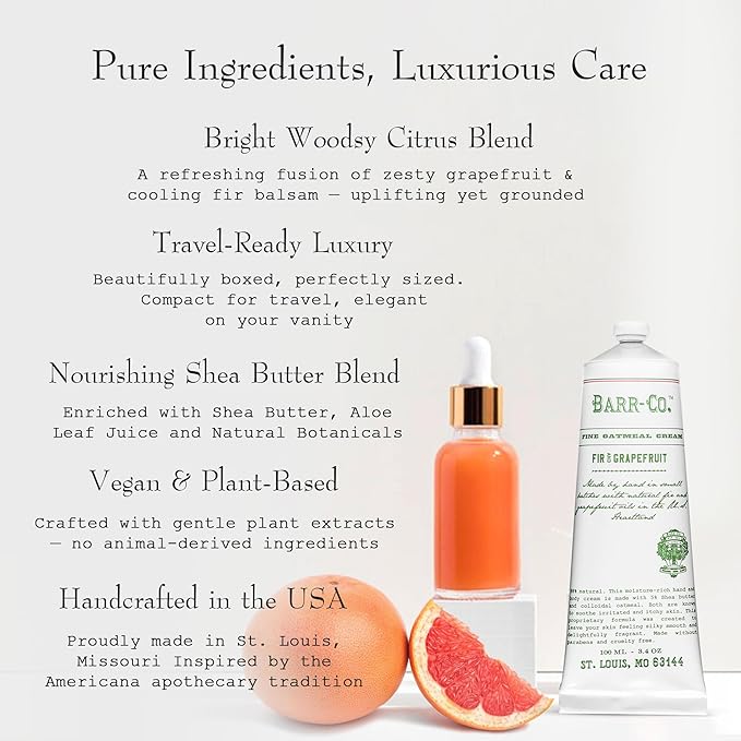 BARR-CO. Fir & Grapefruit Hand & Body Cream, Woody Citrus Scent, Body Cream for Dry Cracked Skin, Suitable for Aging Crepey Skin, Moisturizing Shea Butter Cream, 3.4 oz