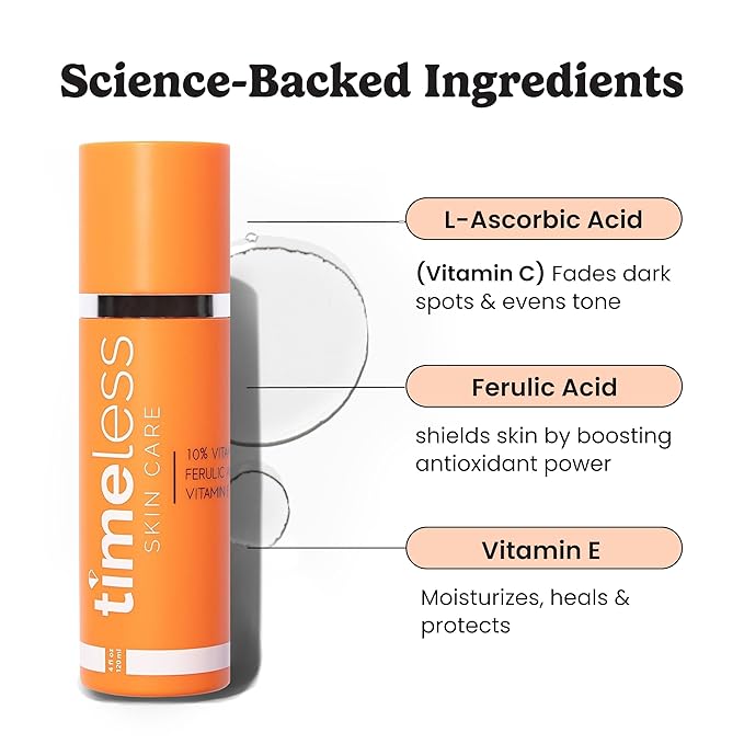 Timeless Skin Care Vitamin C Serum with Vitamin E & Ferulic Acid - Brightening Serum - for Oily & Dry Skin - Fragrance-Free - 4 oz