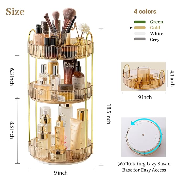 Aveniee 360° Rotating Makeup Organizer for Vanity, Upagraded Perfume Skincare Bathroom Counter Organizers with Brush Divider, 3 Tier Spinning Lipstick Cosmetic Makeup Lotion Storage Organizer(Gold)